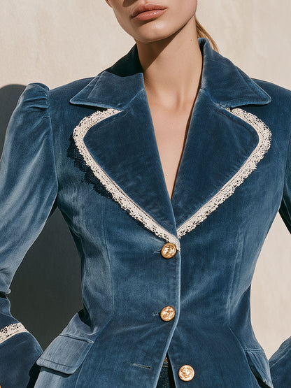 Fashionable Retro Lace-trimmed Lake Blue Velvet Blazer