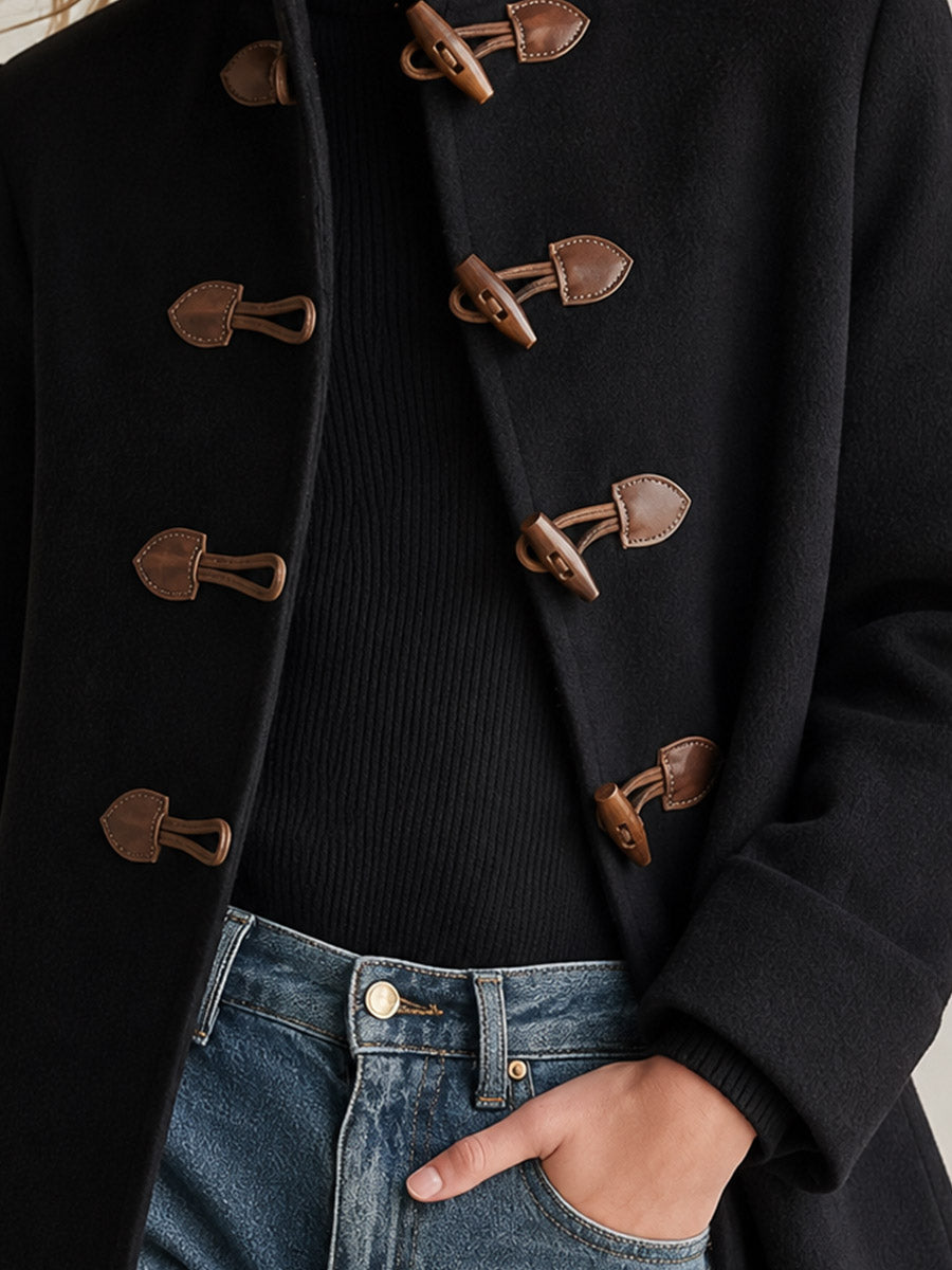 Stylish Retro Stand Collar Leather-loop Toggle Fastenings Black Coat