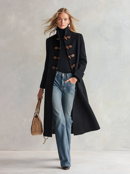 Stylish Retro Stand Collar Leather-loop Toggle Fastenings Black Coat