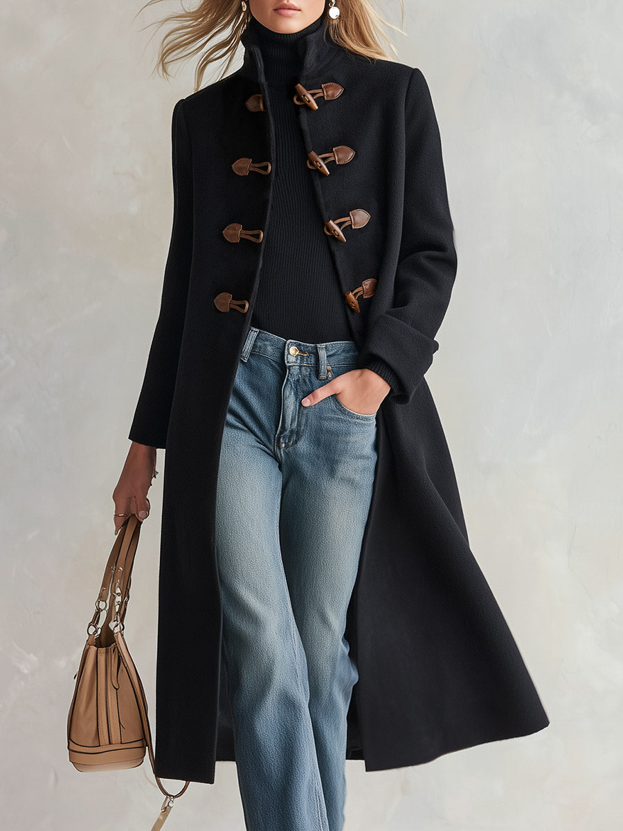 Stylish Retro Stand Collar Leather-loop Toggle Fastenings Black Coat