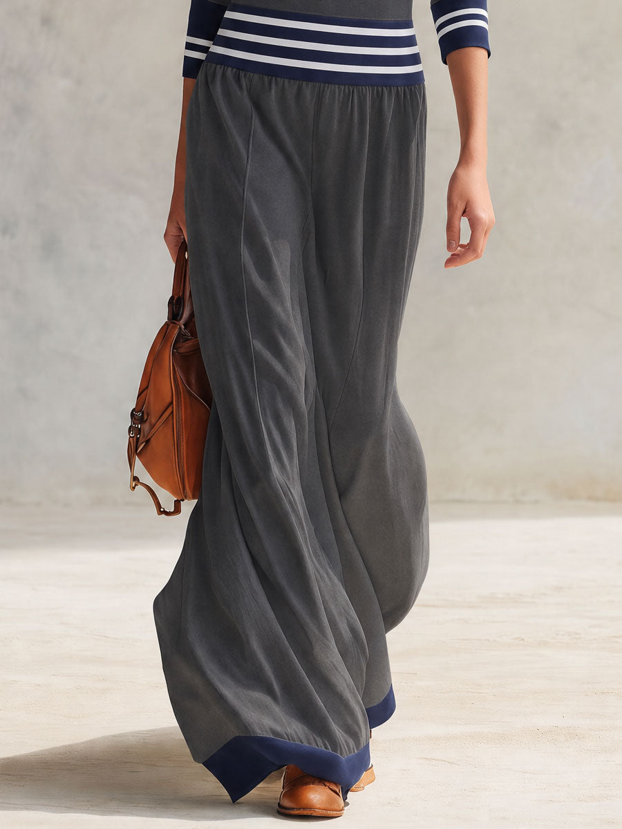 Casual Retro Gray Color-blocked Stand-up Collar Zipper Cotton Maxi Dress