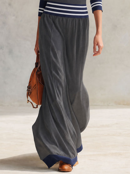 Casual Retro Gray Color-blocked Stand-up Collar Zipper Cotton Maxi Dress