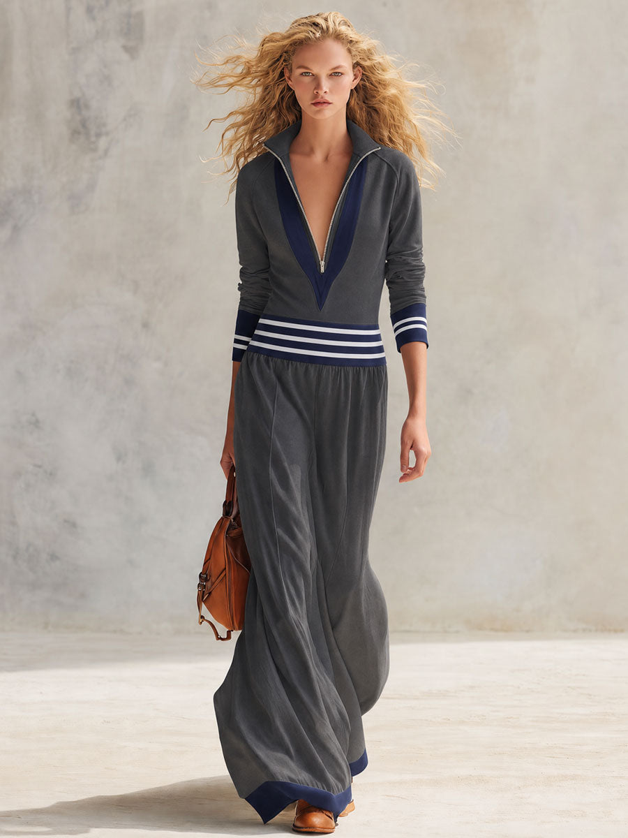 Casual Retro Gray Color-blocked Stand-up Collar Zipper Cotton Maxi Dress