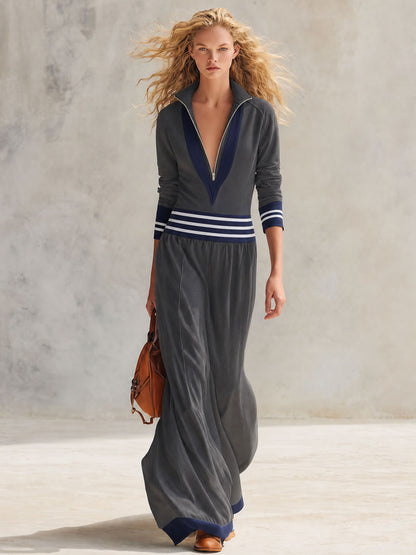 Casual Retro Gray Color-blocked Stand-up Collar Zipper Cotton Maxi Dress