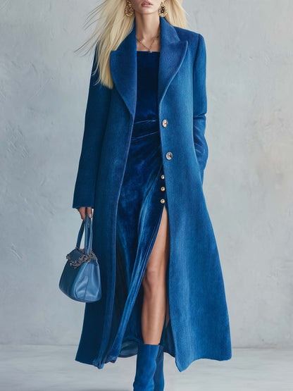 Elegant Retro Royal Blue Wool-Look Peak Lapel Longline Tailored Maxi Coat Women