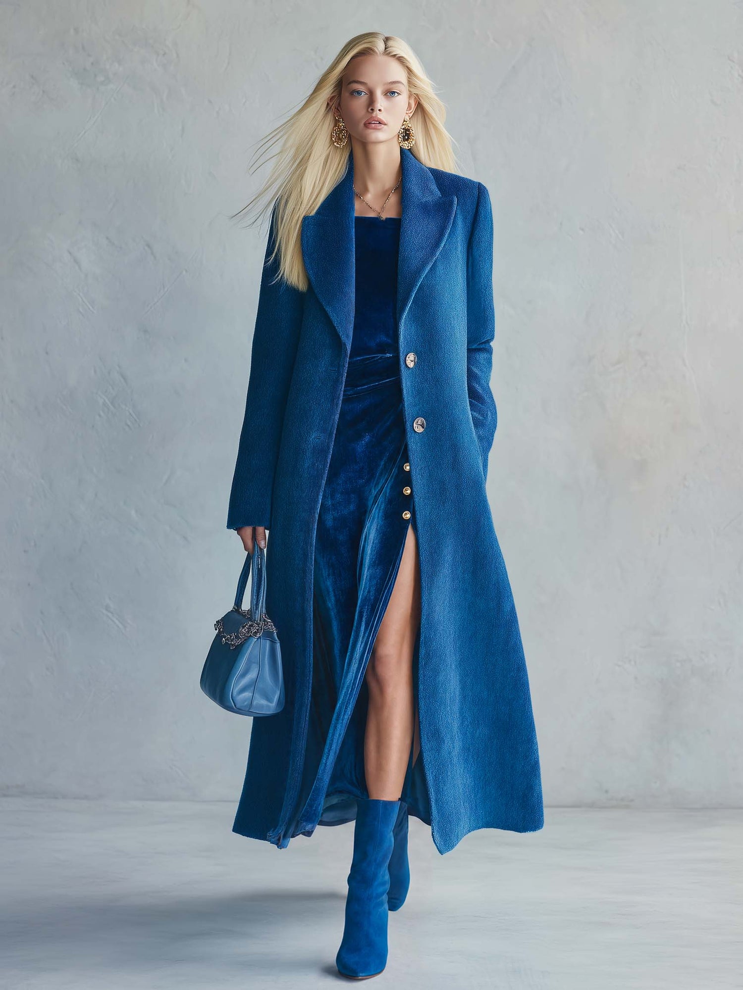 Elegant Retro Royal Blue Wool-Look Peak Lapel Longline Tailored Maxi Coat Women