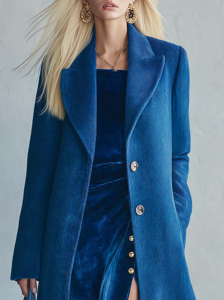 Elegant Retro Royal Blue Wool-Look Peak Lapel Longline Tailored Maxi Coat Women