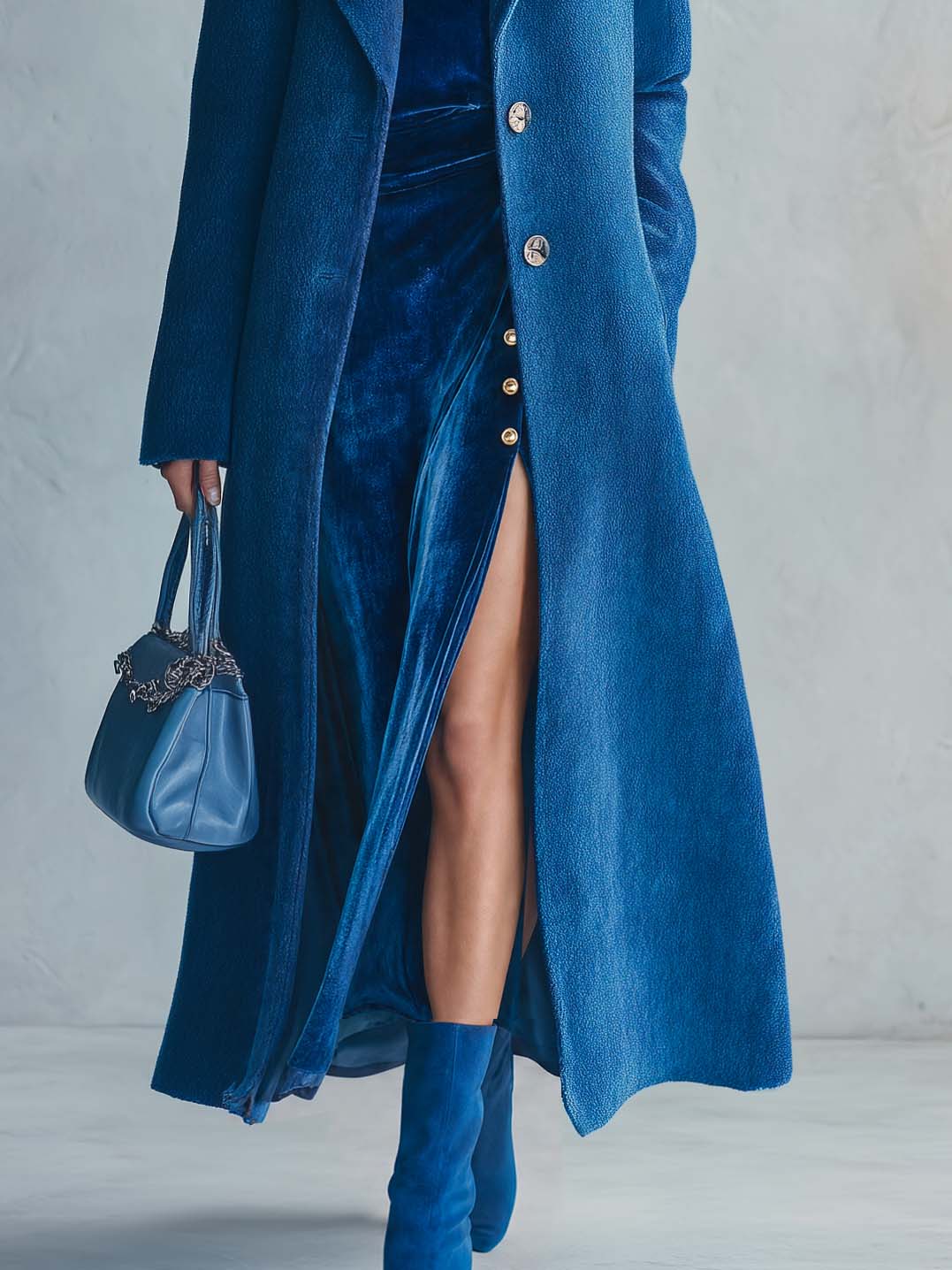 Elegant Retro Royal Blue Wool-Look Peak Lapel Longline Tailored Maxi Coat Women