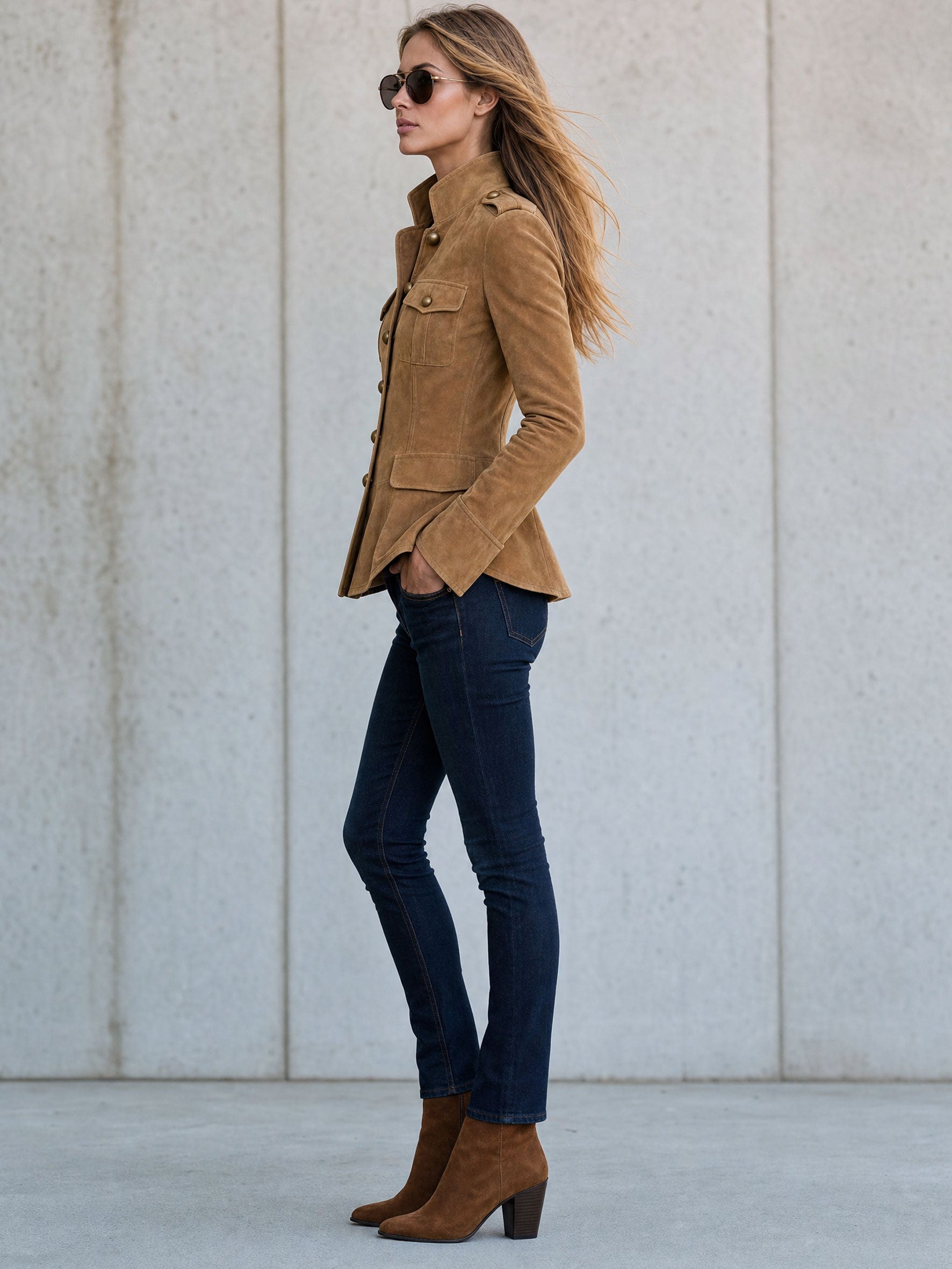 Casual Retro Camel-colored Faux Suede Jacket