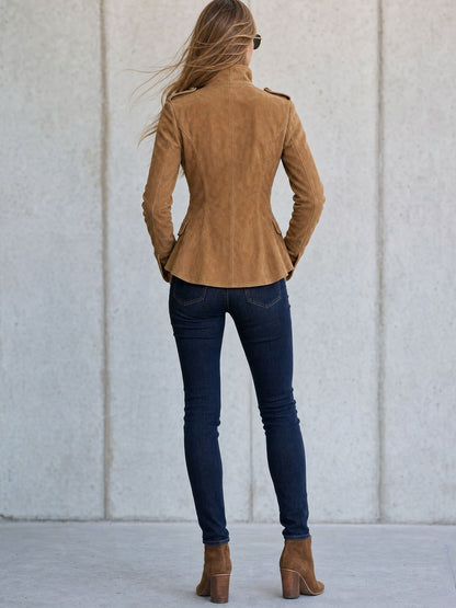 Casual Retro Camel-colored Faux Suede Jacket