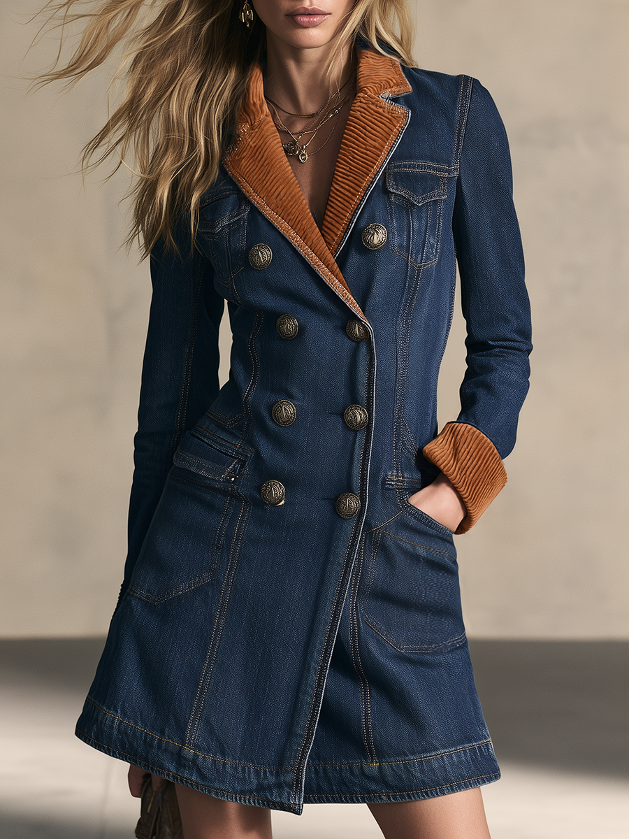 Dark Blue Denim Coat Dress Women Corduroy Collar Double-Breasted Military