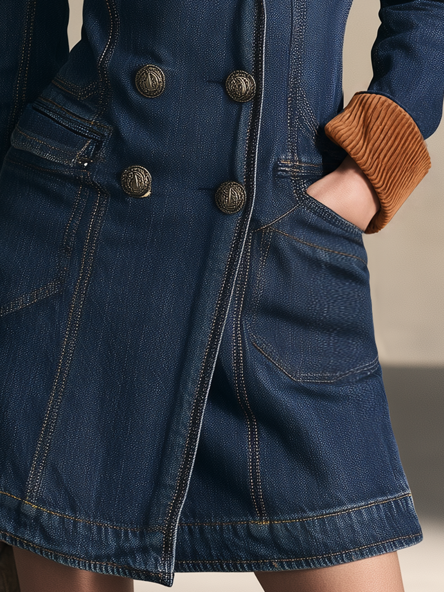 Dark Blue Denim Coat Dress Women Corduroy Collar Double-Breasted Military