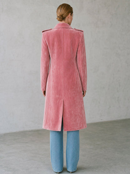 Casual Retro-style Pink Velvet Coat With Decorative Buttons