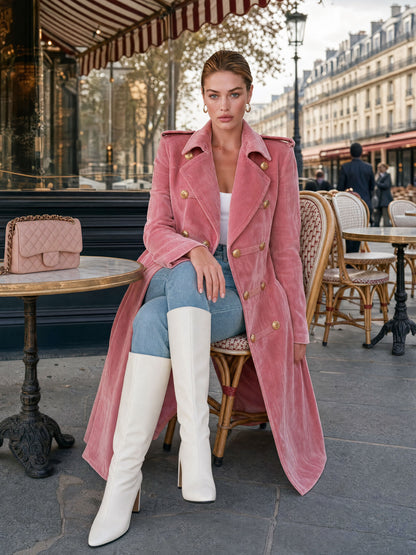 Casual Retro-style Pink Velvet Coat With Decorative Buttons