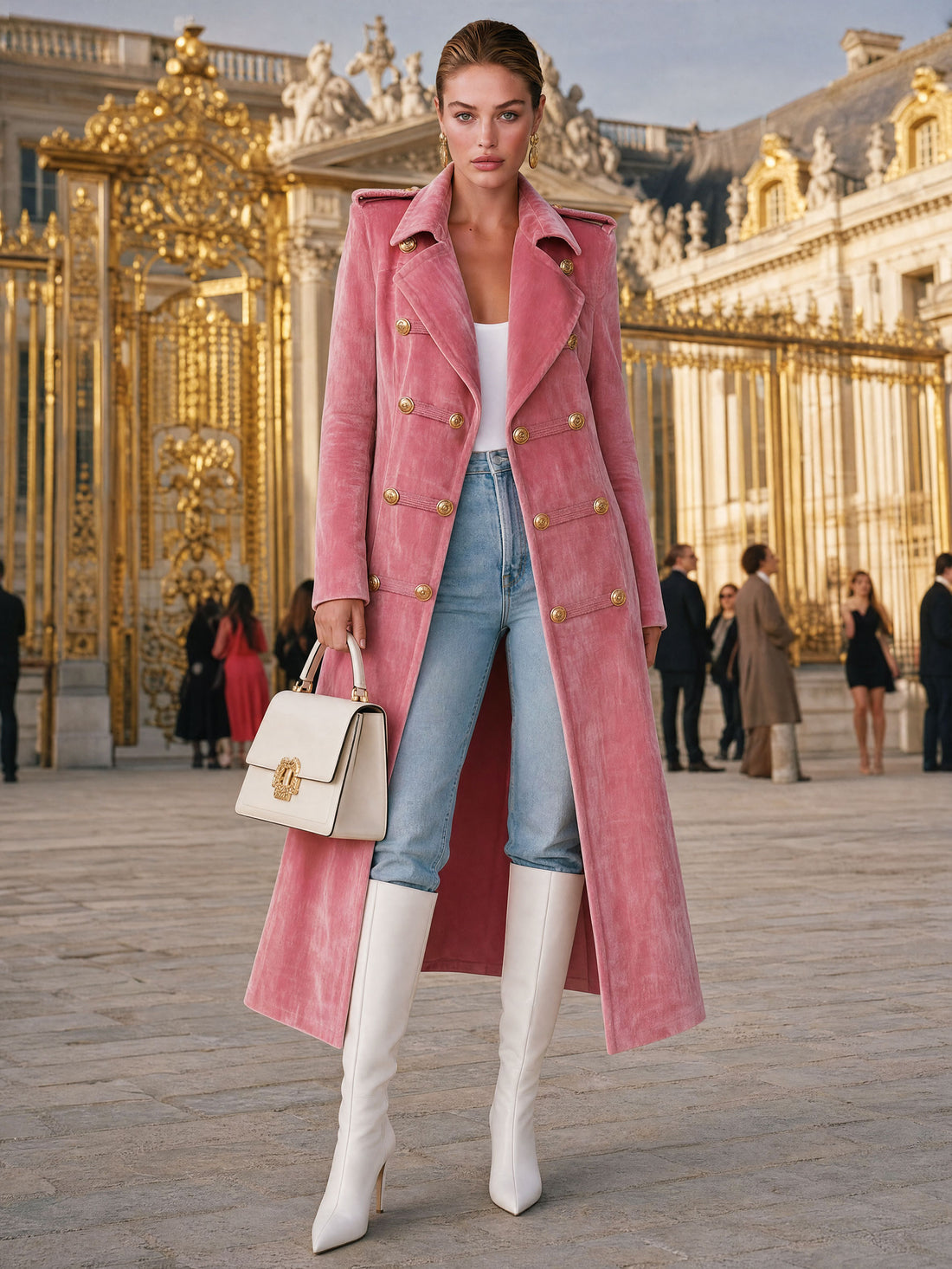 Casual Retro-style Pink Velvet Coat With Decorative Buttons