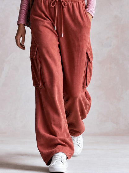 Sporty Retro Pink Striped Hoodie And Brick Red Cotton Pants Set