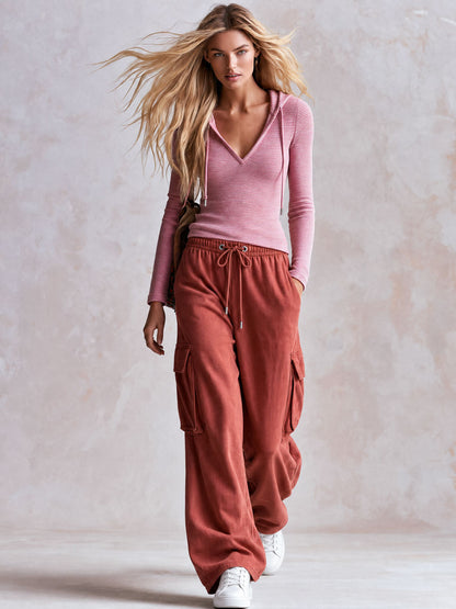Sporty Retro Pink Striped Hoodie And Brick Red Cotton Pants Set