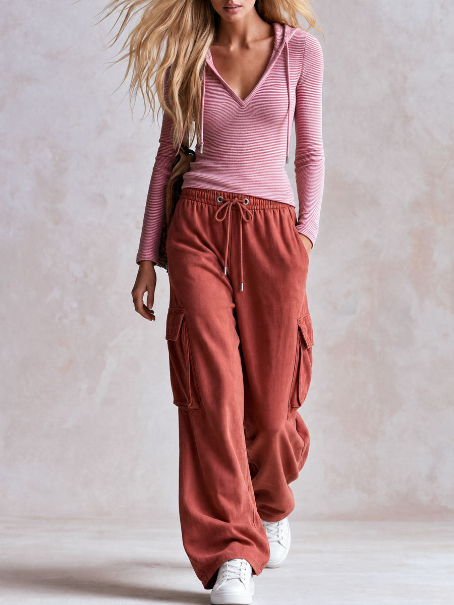 Sporty Retro Pink Striped Hoodie And Brick Red Cotton Pants Set