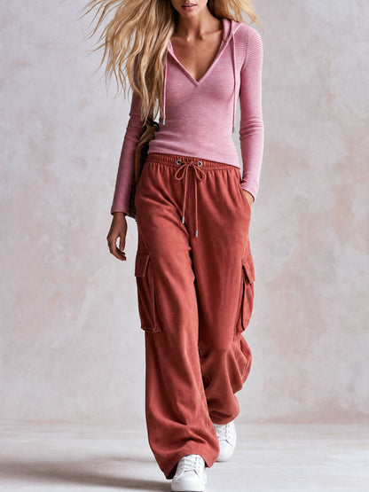 Sporty Retro Pink Striped Hoodie And Brick Red Cotton Pants Set