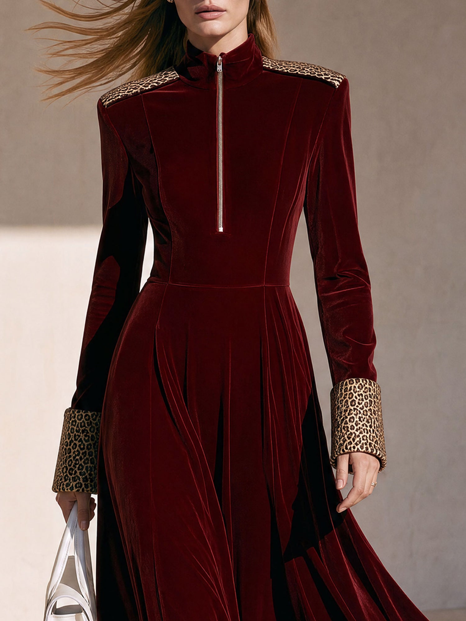 Fashionable Retro Half-zip Leopard Print Patchwork Burgundy Velvet Maxi Dress