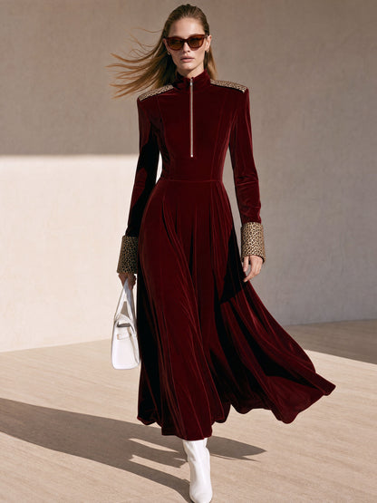 Fashionable Retro Half-zip Leopard Print Patchwork Burgundy Velvet Maxi Dress