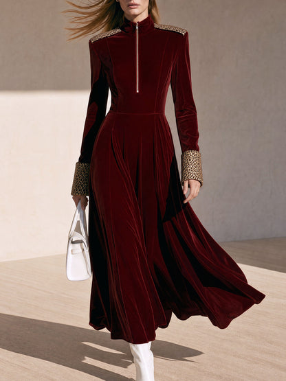 Fashionable Retro Half-zip Leopard Print Patchwork Burgundy Velvet Maxi Dress