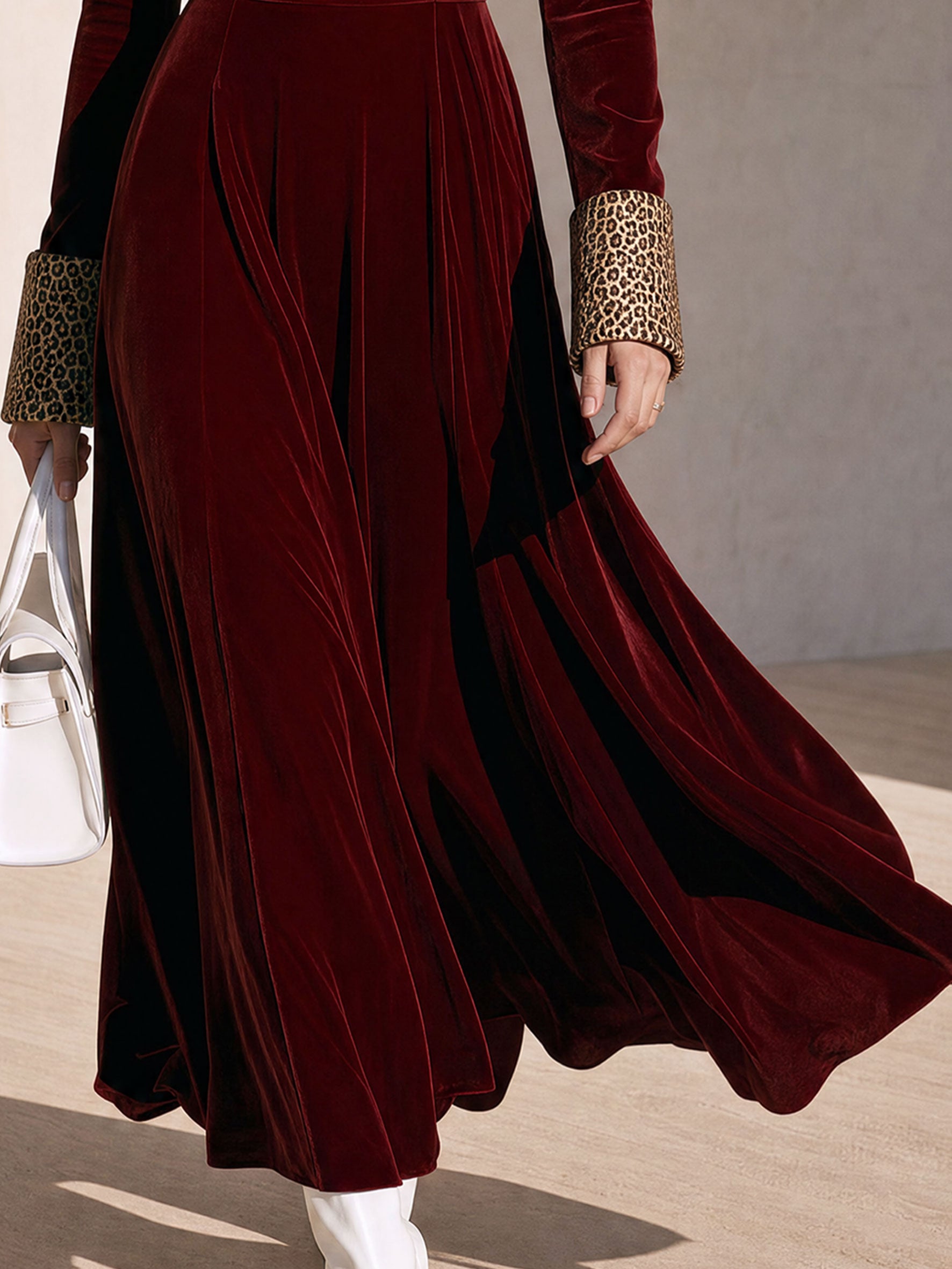 Fashionable Retro Half-zip Leopard Print Patchwork Burgundy Velvet Maxi Dress
