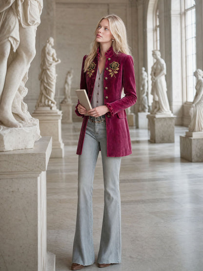Vintage Rose Red Velvet Embroidered Military Coat