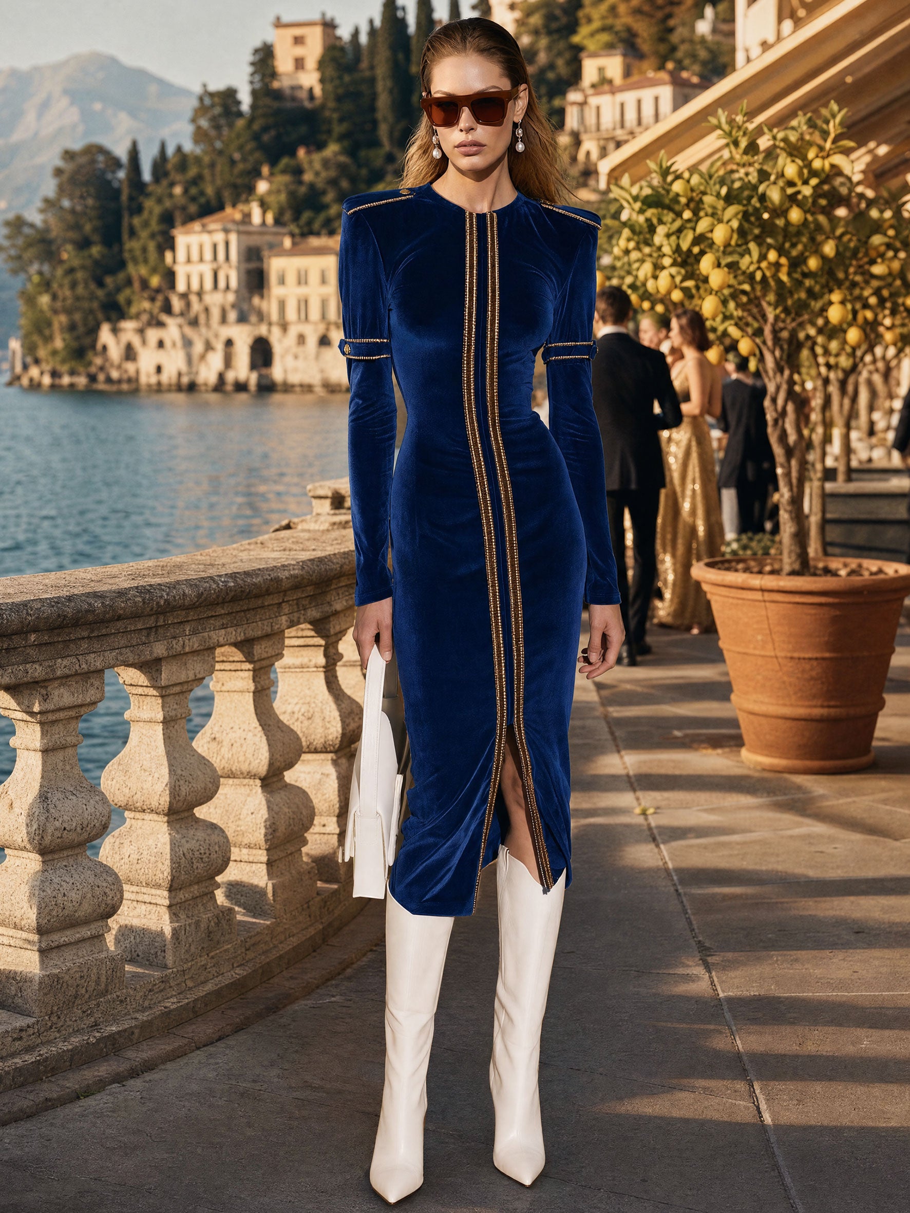 Fashionable Retro Gold Epaulette Royal Blue Velvet Slit Long-sleeved Midi Dress