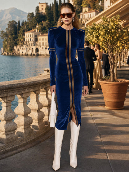 Fashionable Retro Gold Epaulette Royal Blue Velvet Slit Long-sleeved Midi Dress
