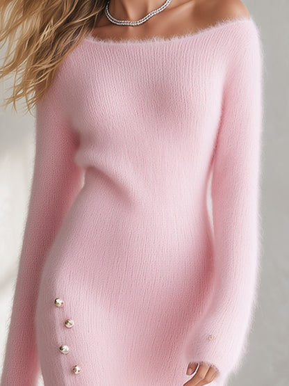 Elegant Pink Boat-Neck Mohair Knit Maxi Dress