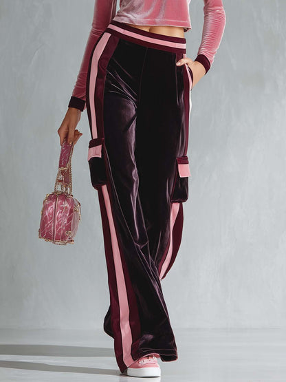 Retro Sporty Pink Velour Crop Top Striped Cargo Track Pants Set
