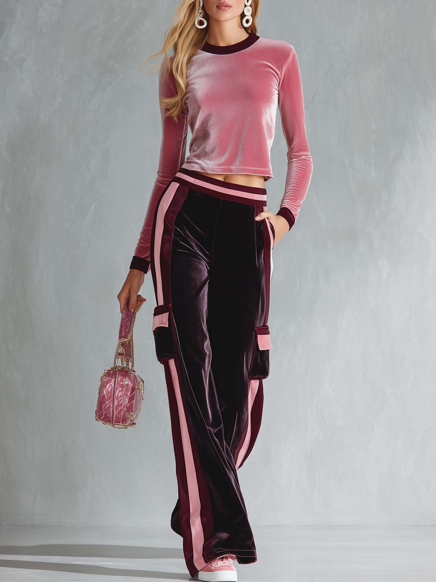 Retro Sporty Pink Velour Crop Top Striped Cargo Track Pants Set