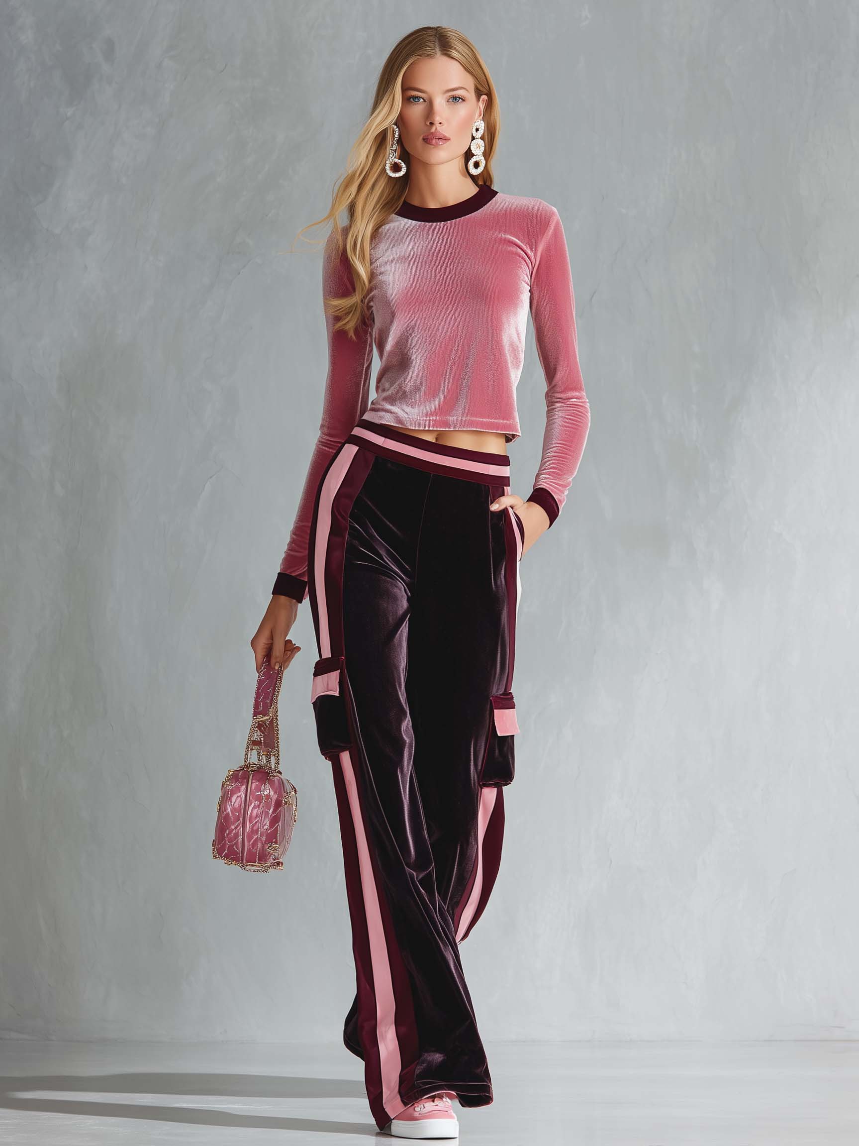 Retro Sporty Pink Velour Crop Top Striped Cargo Track Pants Set