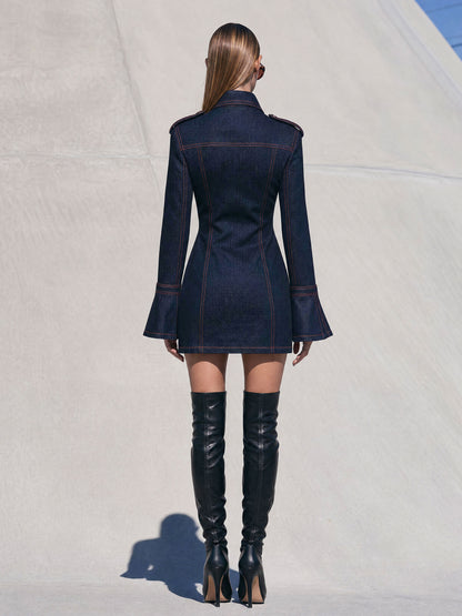 Fashionable Retro Red-stitched Dark Blue Denim Long-sleeved Mini Dress