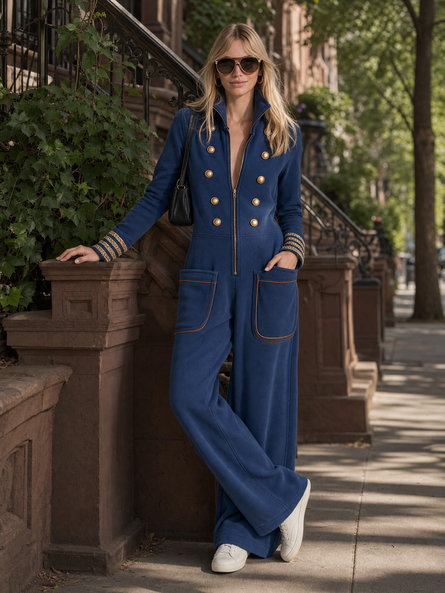 Vintage Military Navy Gold-Button Zip-Front Wide-Leg Sweatshirt Jumpsuit With Pockets