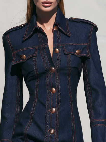 Fashionable Retro Red-stitched Dark Blue Denim Long-sleeved Mini Dress