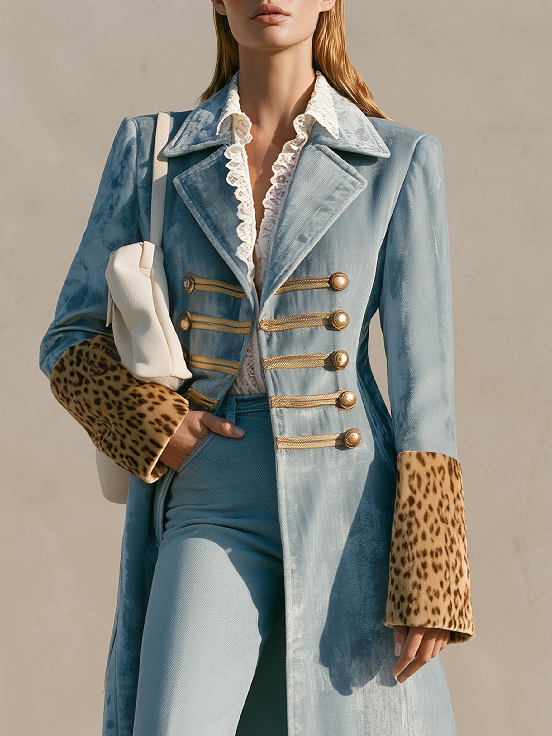 Stylish Retro Leopard Print Sleeve And Chinese Knot Button Light Blue Velvet Coat