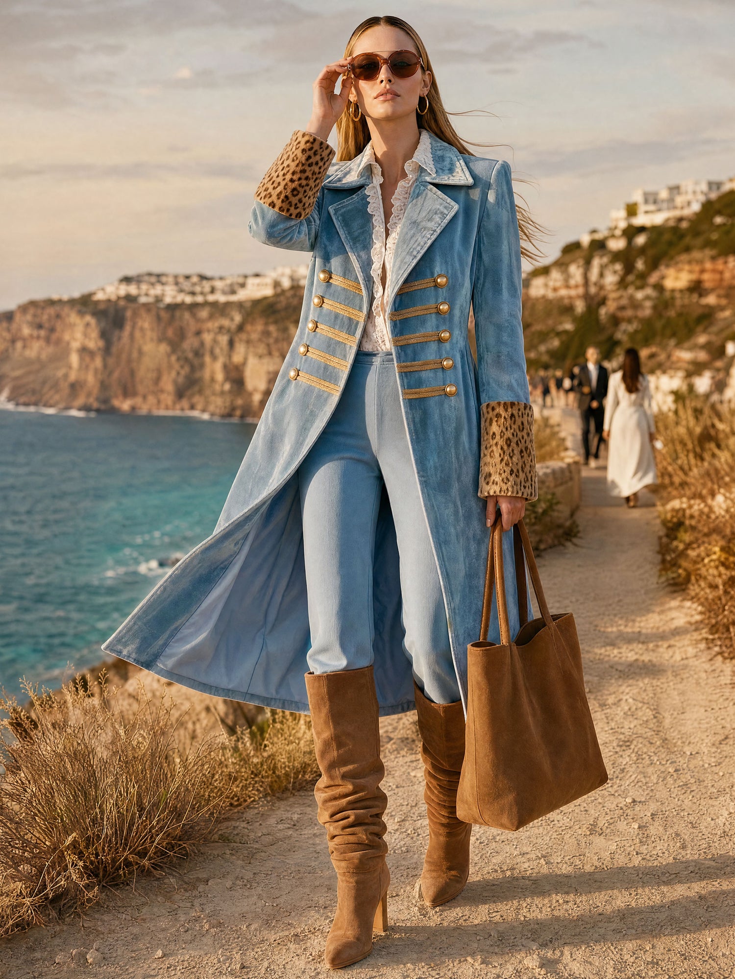Stylish Retro Leopard Print Sleeve And Chinese Knot Button Light Blue Velvet Coat