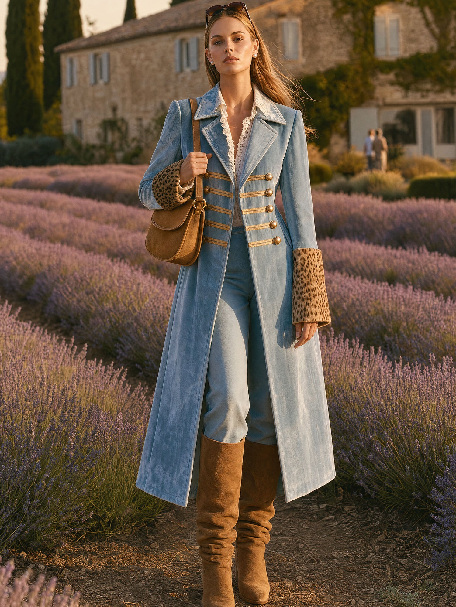 Stylish Retro Leopard Print Sleeve And Chinese Knot Button Light Blue Velvet Coat