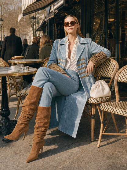 Stylish Retro Leopard Print Sleeve And Chinese Knot Button Light Blue Velvet Coat