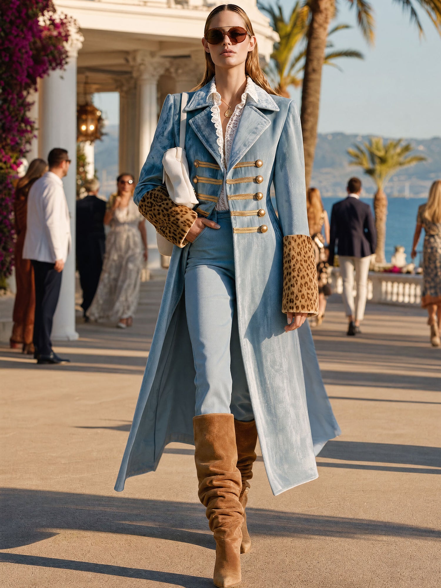 Stylish Retro Leopard Print Sleeve And Chinese Knot Button Light Blue Velvet Coat
