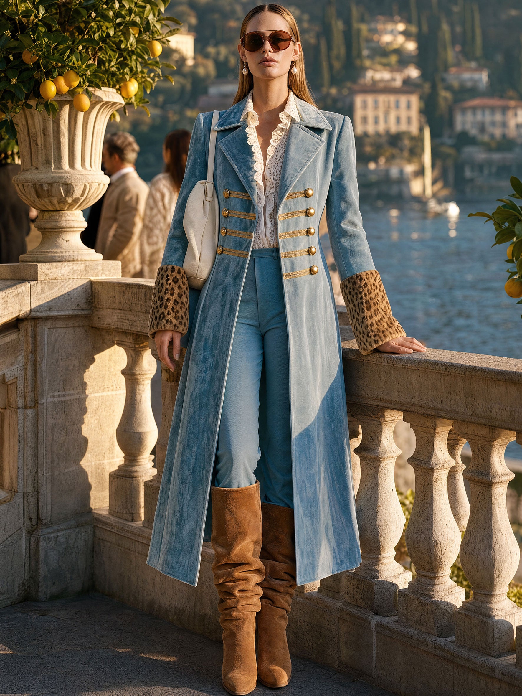 Stylish Retro Leopard Print Sleeve And Chinese Knot Button Light Blue Velvet Coat