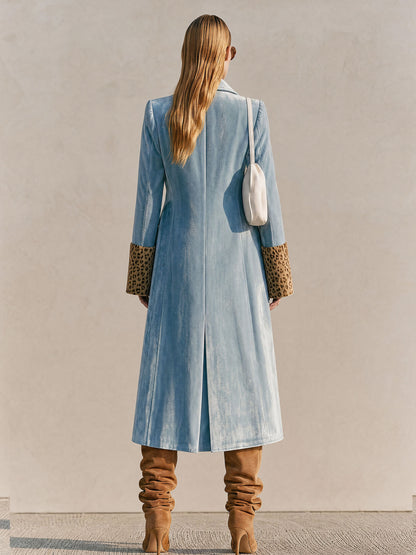 Stylish Retro Leopard Print Sleeve And Chinese Knot Button Light Blue Velvet Coat