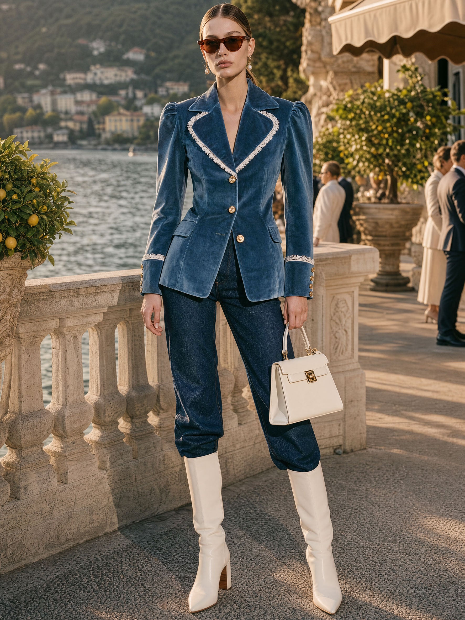 Fashionable Retro Lace-trimmed Lake Blue Velvet Blazer
