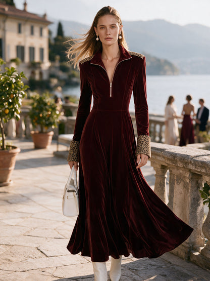 Fashionable Retro Half-zip Leopard Print Patchwork Burgundy Velvet Maxi Dress