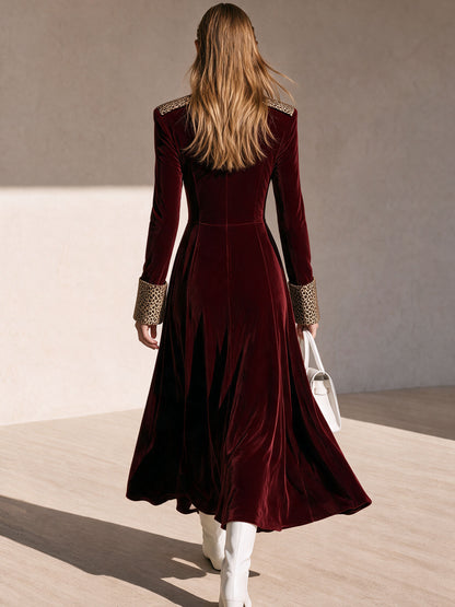 Fashionable Retro Half-zip Leopard Print Patchwork Burgundy Velvet Maxi Dress