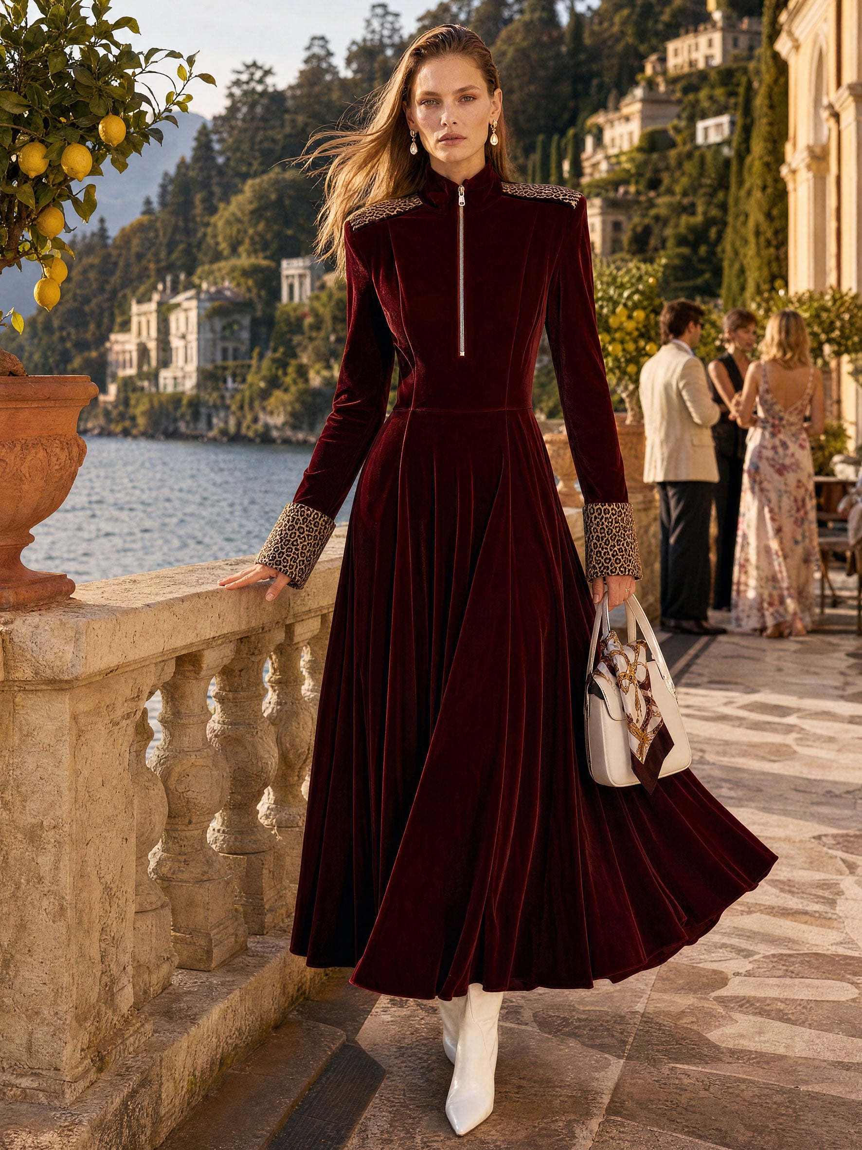 Fashionable Retro Half-zip Leopard Print Patchwork Burgundy Velvet Maxi Dress
