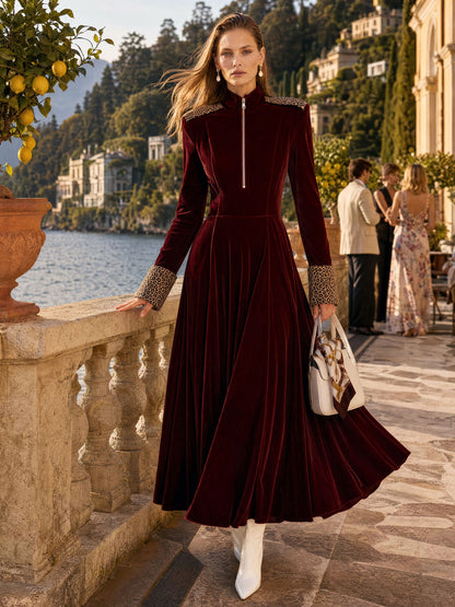Fashionable Retro Half-zip Leopard Print Patchwork Burgundy Velvet Maxi Dress