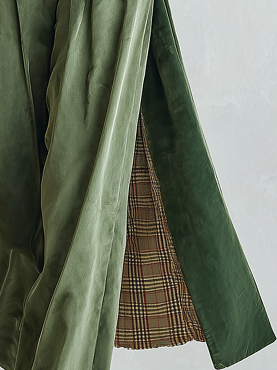 Vintage-style Plaid Lining Lapel Collar Olive Green Velvet Coat